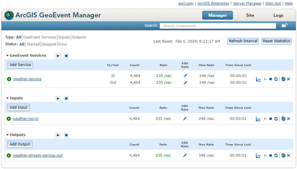 Manager page in GeoEvent Manager with existing GeoEvent Service, input, and output Manager page in GeoEvent Manager with existing GeoEvent Service, input, and output