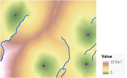 Map of accumulative cost distance from four ranger stations created by adding a cost surface Map of accumulative cost distance from four ranger stations created by adding a cost surface