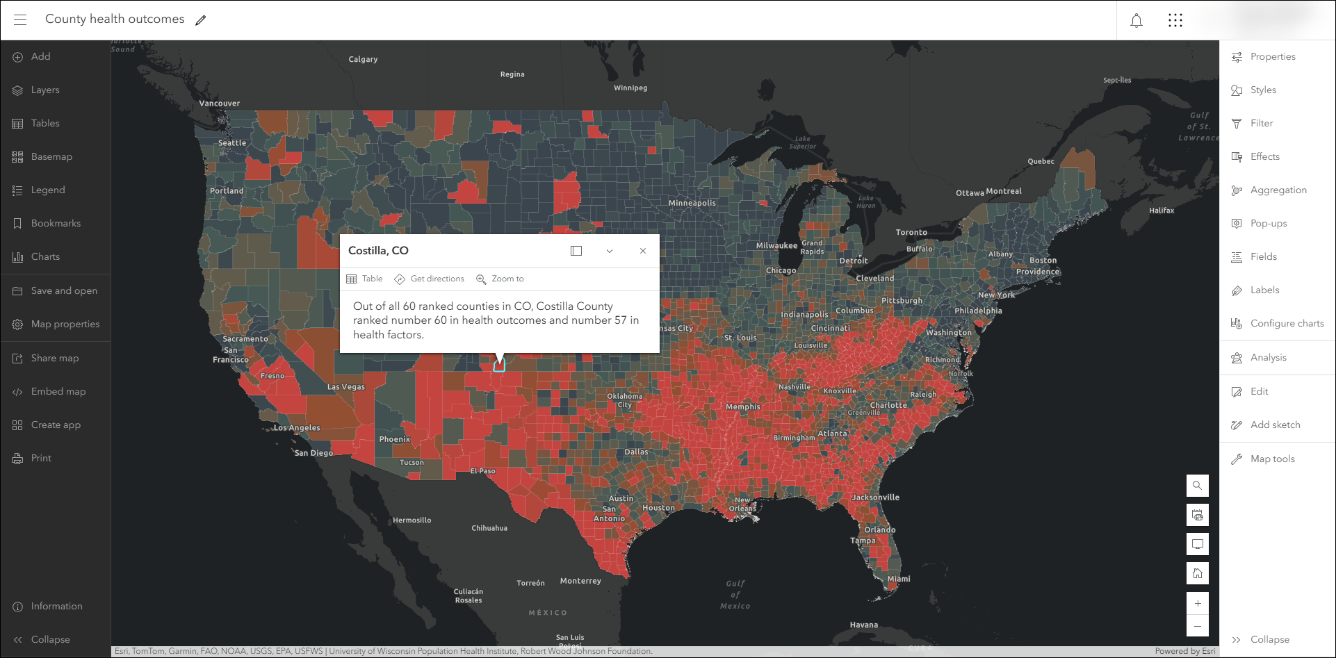 County health outcomes map in the new Map Viewer with the Contents and Settings toolbars displayed