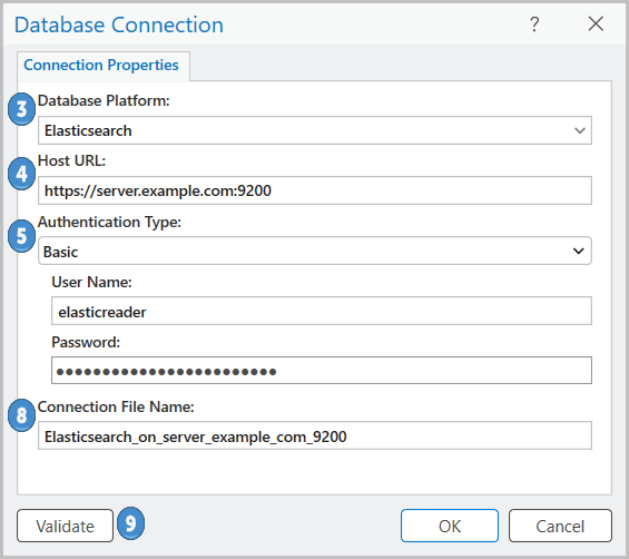 Connecting to Elasticsearch from the Database Connection dialog box
