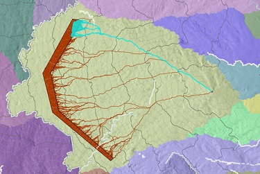 Map of the top 10 percent of the least costly paths starting from the polygon destination showing how they share a similar route