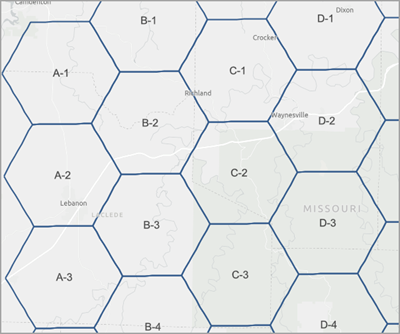 Example of GRID_ID results from hexagon tessellations